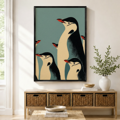 Retro penguin family portrait framed wall art above a wicker basket sideboard, mid-century modern black and cream emperor penguins on teal blue background