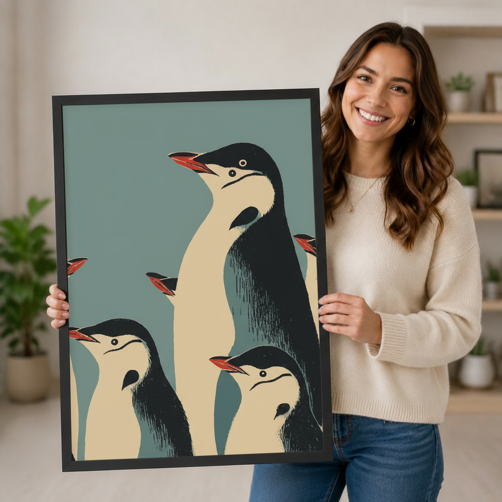 Woman holding large retro penguin family art print showing size reference, mid-century modern black and cream emperor penguins on teal blue background wall art
