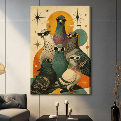 Retro mid-century art print of five stylish pigeons each wearing unique sunglasses including round red frames cat-eye black frames square gold frames and white rectangle frames set against a cream beige background with bold geometric shapes and starburst accents funny cool pigeon squad stretched canvas in a living room with dark gray sofa and black decorative vase