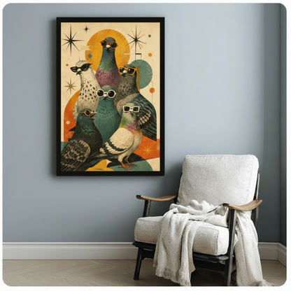 Mid-century modern poster of five pigeons wearing assorted sunglasses in teal green speckled white blue-gray and charcoal tones against a warm beige background with golden sun circle orange shapes and starburst details funny retro bird wall art framed print beside a white lounge chair with throw blanket against a blue-gray wall