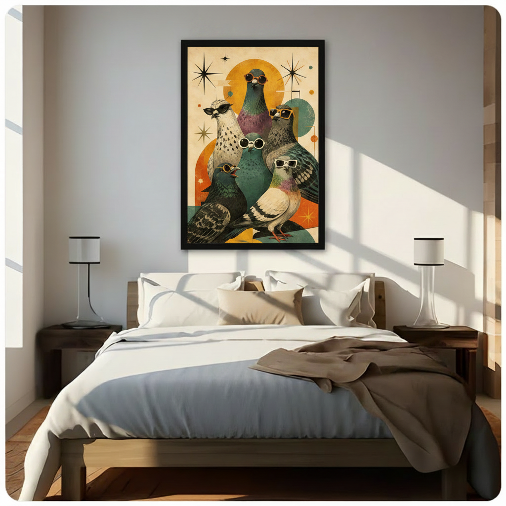 Mid-century modern art print of five stylish pigeons wearing sunglasses against a beige background with orange gold and teal geometric shapes and starburst details funny retro pigeon wall art framed print above a modern bedroom with white linen bedding dark wood nightstands and white table lamps