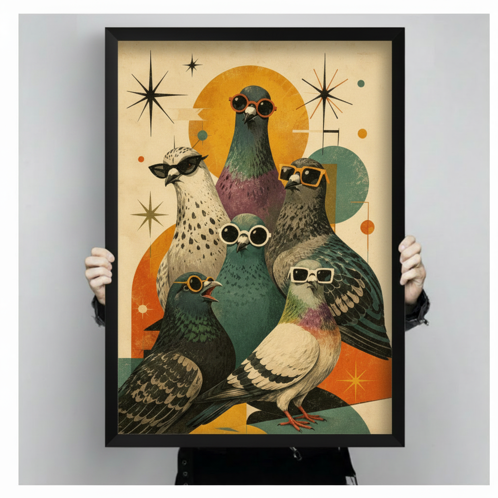 Retro illustration art print of five cool pigeons grouped together each wearing different sunglasses on a warm beige background with bold geometric shapes golden circle and black starburst accents funny pigeon gang wall art framed print held up against a light gray background