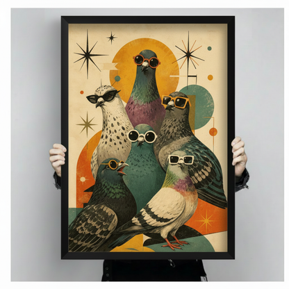 Retro illustration art print of five cool pigeons grouped together each wearing different sunglasses on a warm beige background with bold geometric shapes golden circle and black starburst accents funny pigeon gang wall art framed print held up against a light gray background