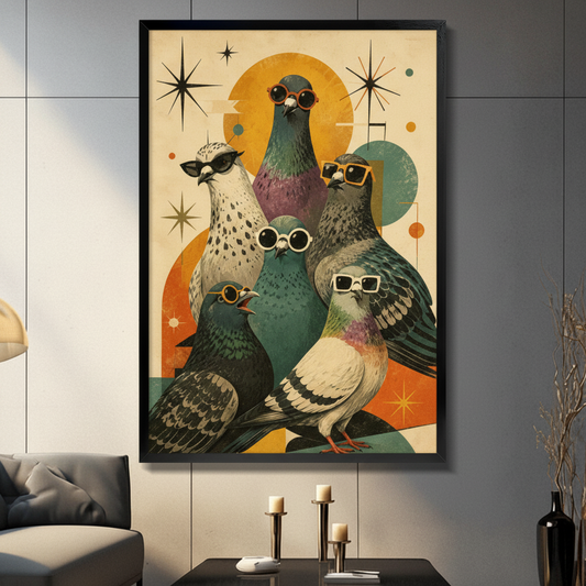 Mid-century modern illustration of five cool pigeons wearing different sunglasses grouped together against a warm beige background with golden circle orange arc teal shapes and black starburst accents funny retro pigeon gang wall art framed print in a living room with dark gray sofa candle holders and black vase