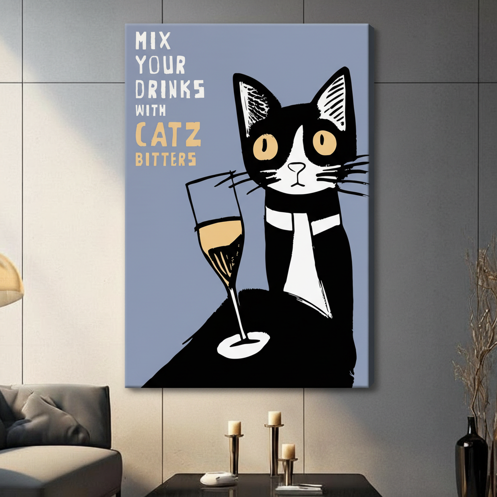 Stretched canvas retro poster style tuxedo cat with champagne glass Mix Your Drinks With Catz Bitters wall art featuring a graphic black and white tuxedo cat with large round amber eyes seated beside a tall champagne flute with golden liquid on a muted slate blue background with bold white and gold hand-lettered quote, hung on a gray panel wall above a dark gray sofa