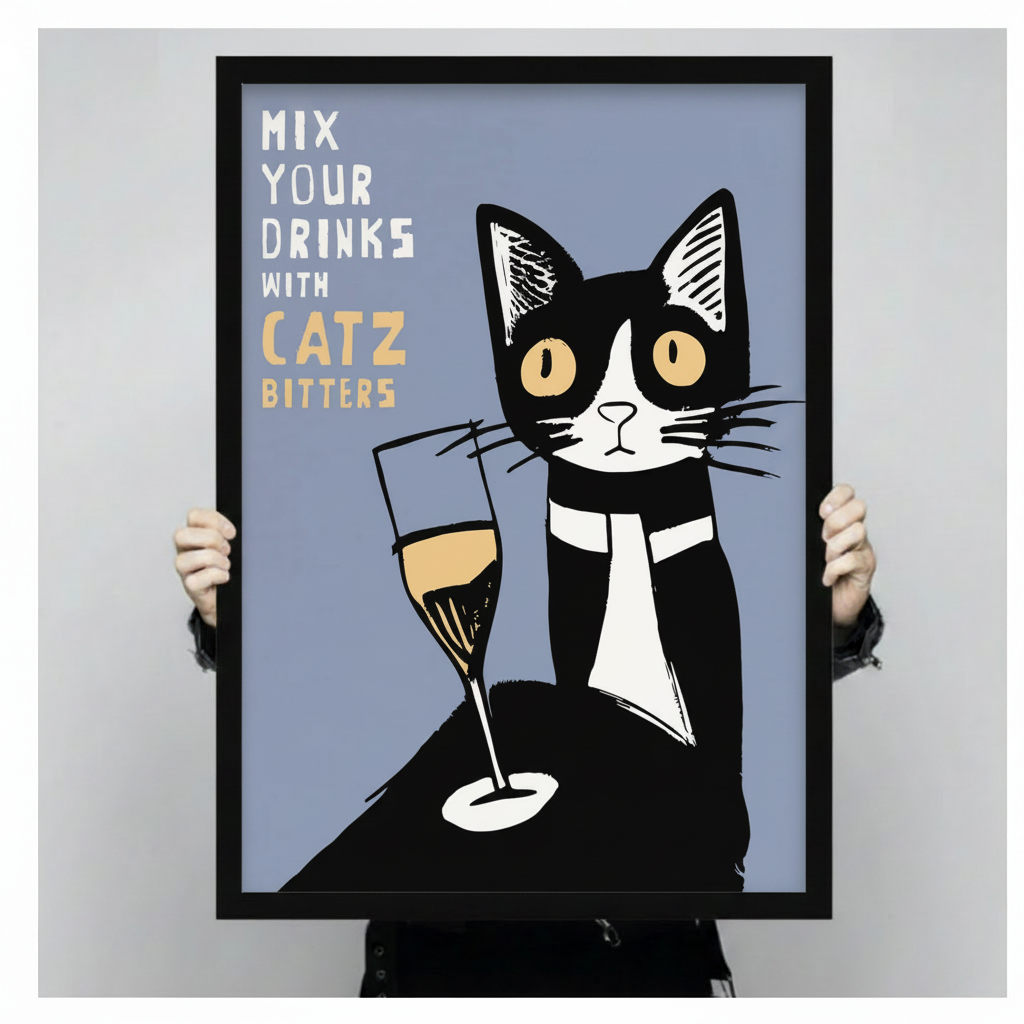 Hands holding a large black framed retro poster style tuxedo cat with champagne glass Mix Your Drinks With Catz Bitters canvas art print with a bold graphic black and white tuxedo cat with large round amber eyes beside a tall champagne flute with golden liquid on a muted slate blue background with white and gold hand-lettered quote