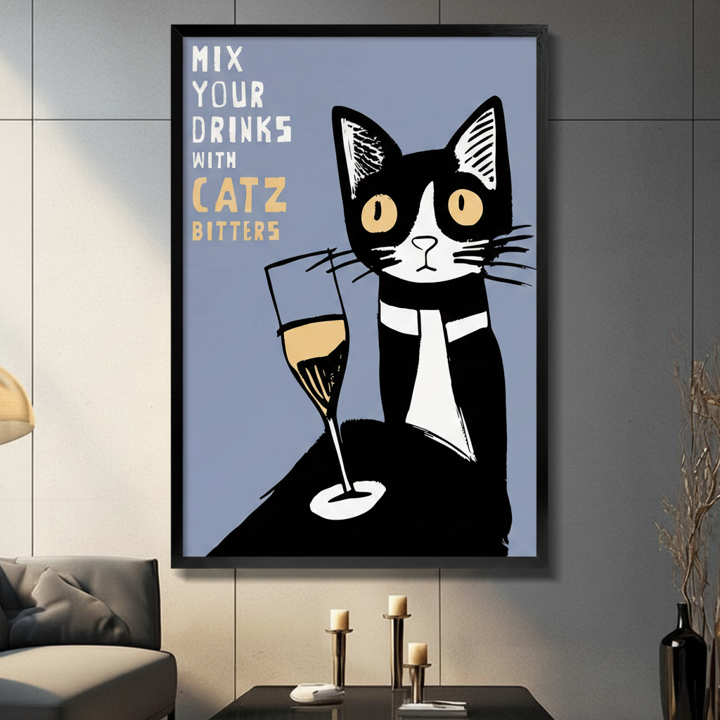 Black framed retro poster style tuxedo cat with champagne glass Mix Your Drinks With Catz Bitters canvas art with a bold black and white tuxedo cat with wide amber eyes sitting beside a tall champagne flute with golden liquid on a muted slate blue background with white and gold hand-lettered text, hung on a gray panel wall above a dark gray sofa