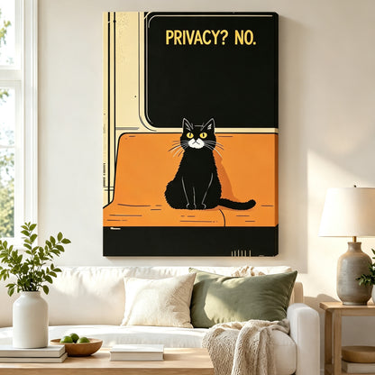 Retro vintage poster black cat on orange subway seat "Privacy? No." gallery wrap canvas art above a white sofa with sage green cushions, a knit throw blanket, and a ceramic table lamp in a bright Scandinavian living room