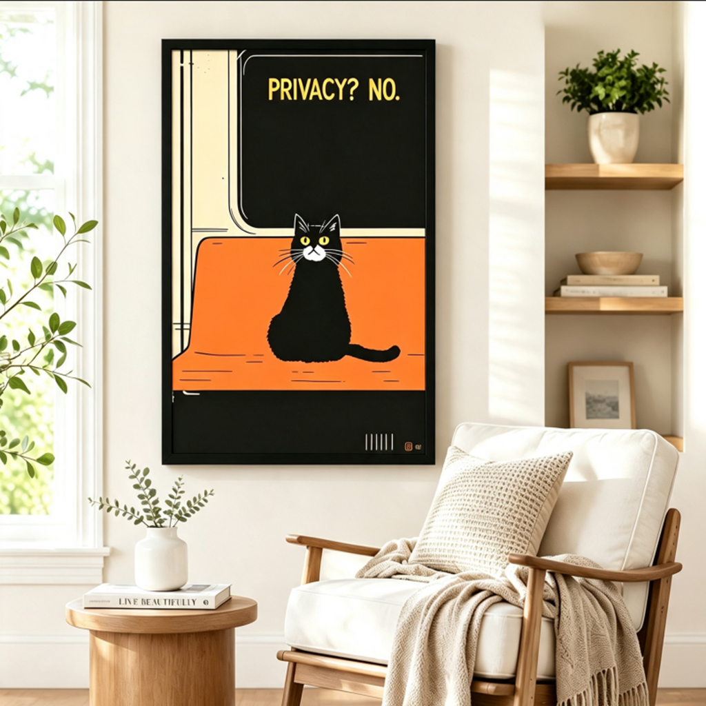 Black framed retro vintage poster black and white cat on orange subway seat "Privacy? No." wall art beside a white linen armchair with a taupe throw blanket, a round wood side table, and open shelving with potted plants
