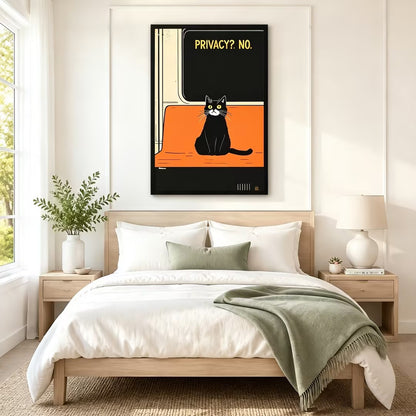 Black framed retro subway black cat "Privacy? No." funny quote canvas art above a bed with white linen bedding, a sage green throw blanket, light wood nightstands, and a white ceramic table lamp in a modern bedroom