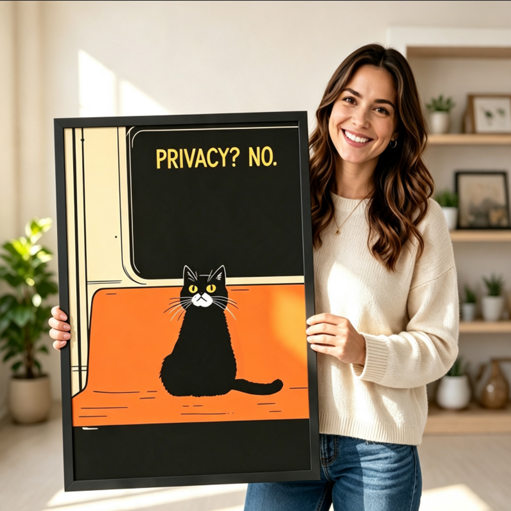Smiling woman in cream sweater holding a black framed retro subway-style black and white cat "Privacy? No." funny quote art print on bold black and orange background against a neutral indoor background with potted plants and open shelving