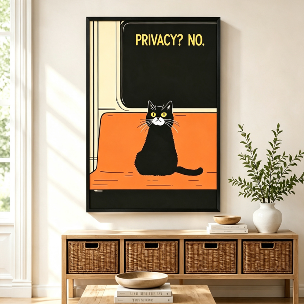 Retro subway-style black and white cat sitting on orange seat "Privacy? No." black framed canvas art above a rattan sideboard with wicker baskets, stacked books, and a white ceramic vase in a Scandinavian living room