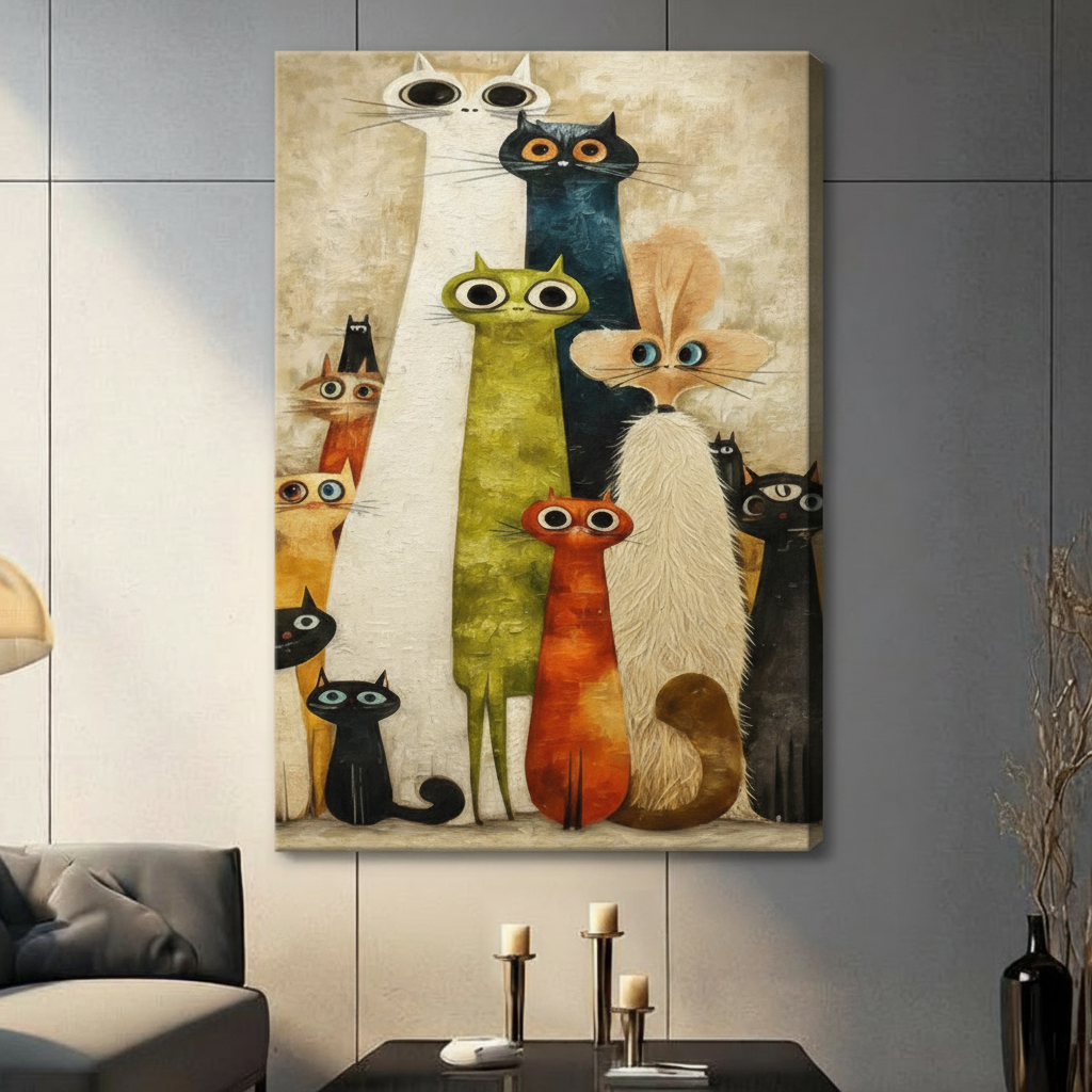 Unframed stretched canvas print of ten whimsical big-eyed cats in various sizes and colors including olive green teal orange and black in retro mid-century illustration style on a warm cream textured background