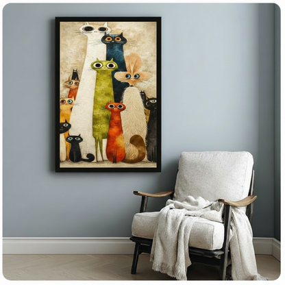 Black framed retro quirky cat gang canvas art print with ten elongated big-eyed cats in bold mid-century modern illustration style on beige textured background on a light blue-grey wall beside a white linen armchair