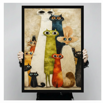 Person holding a large black framed retro quirky cat gang canvas art print showing print size scale and detailed mid-century modern illustration of ten colorful big-eyed elongated cats on warm beige background
