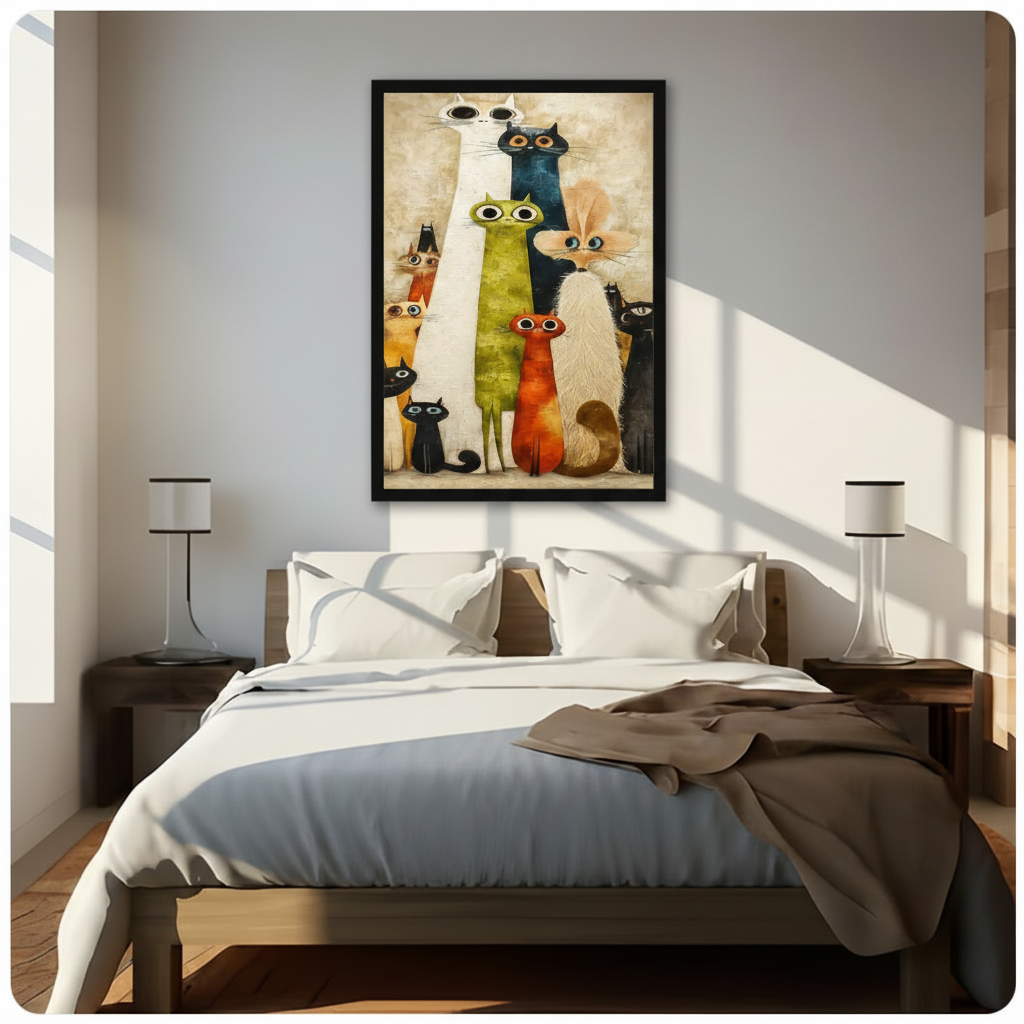 Framed retro mid-century modern quirky cat gang canvas wall art with ten whimsical big-eyed cats in green orange black and white on warm beige textured background hung above a wooden bed with white bedding in a sunlit bedroom