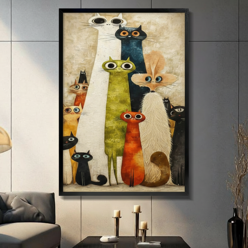 Framed retro mid-century modern quirky cat gang canvas wall art featuring ten big-eyed elongated cats in green black orange and white on a warm beige textured background displayed on a dark grey wall in a modern living room