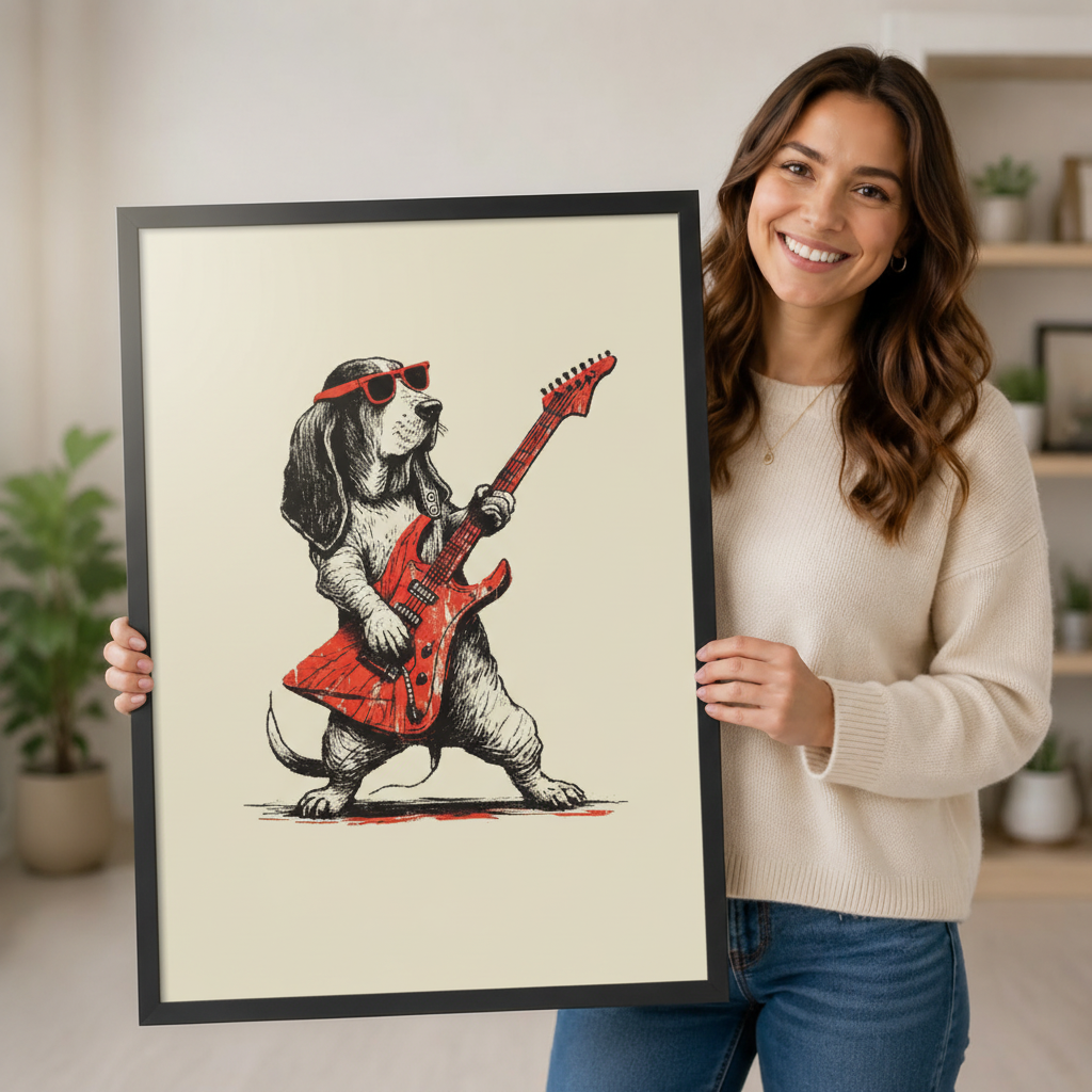 Smiling woman holding a large black framed retro Basset Hound electric guitar wall art print with red sunglasses on cream background, showing scale for home decor gifting against a neutral indoor backdrop with potted plants and open shelving