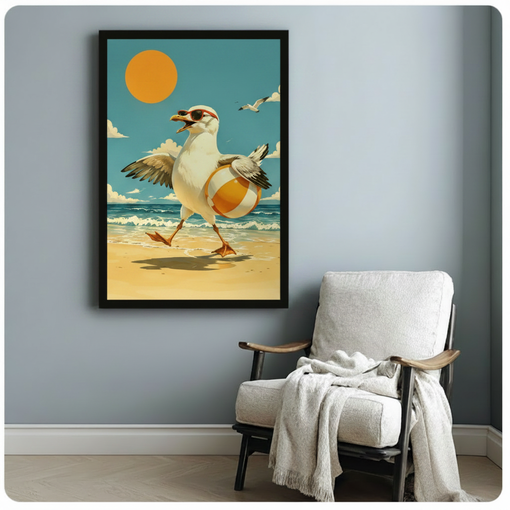 Whimsical seagull strutting on sandy beach with orange ball framed art print, vintage coastal summer vibe, hung on a blue-gray wall beside a linen accent chair
