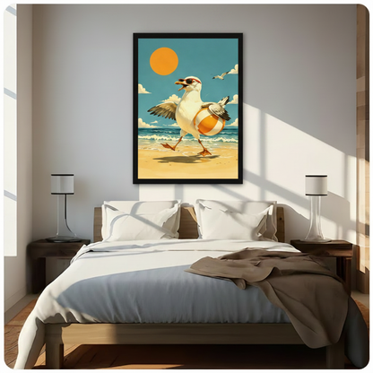 Vintage summer seagull beach wall art above a wooden bed with white linen bedding, flanked by minimalist table lamps in a sunlit neutral bedroom