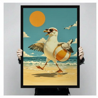 Quirky seagull in red sunglasses beach scene framed poster print held up against a neutral gray background, showing retro illustration style and black frame detail