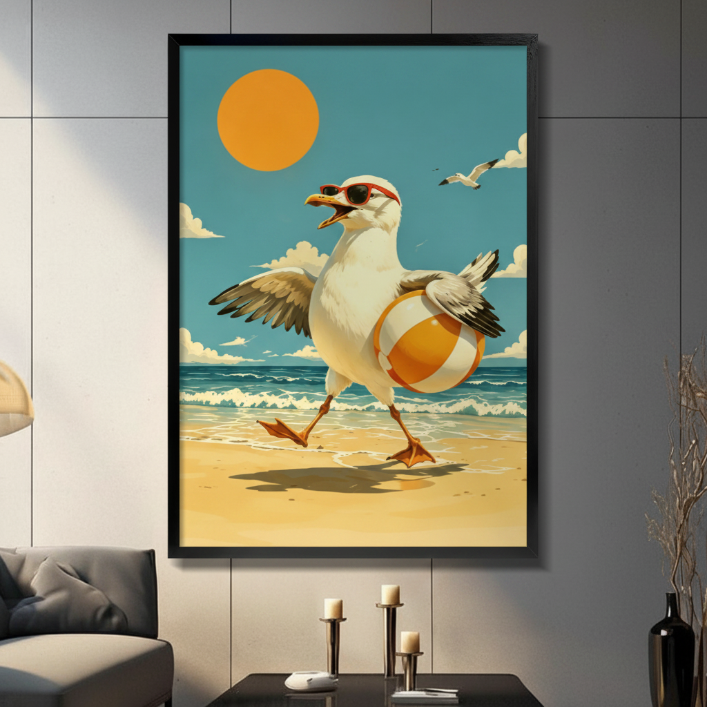 Retro seagull in red sunglasses running on beach with ball framed wall art print, vintage summer poster style, displayed in a modern dark living room with candlestick decor