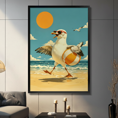 Retro seagull in red sunglasses running on beach with ball framed wall art print, vintage summer poster style, displayed in a modern dark living room with candlestick decor