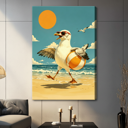 Funny seagull with sunglasses carrying beach ball canvas wall art, teal sky and orange sun retro illustration, gallery wrap, dark contemporary living room setting