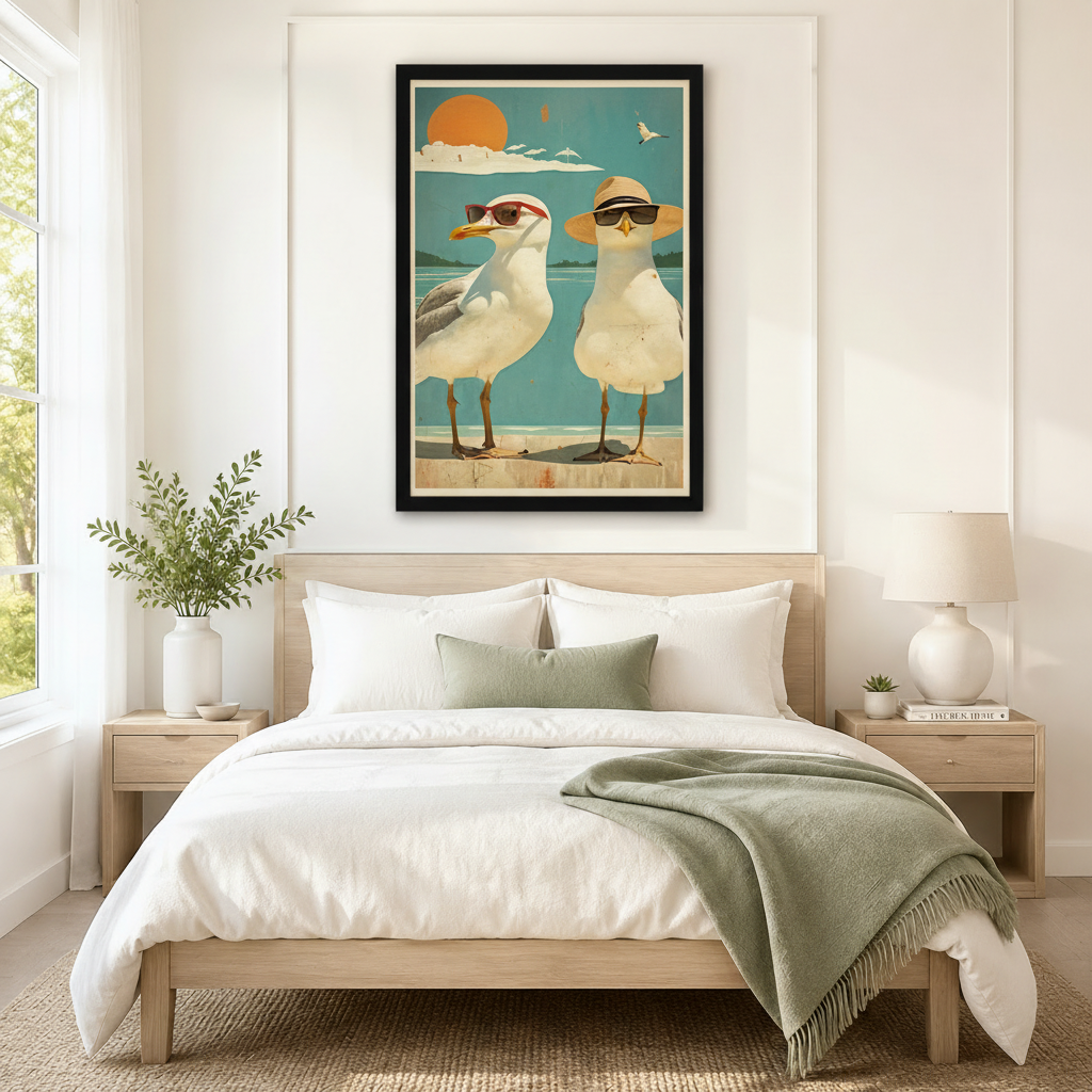 Retro beach seagulls in sunglasses framed canvas wall art hung above bed in a serene coastal bedroom with light wood furniture and sage green bedding