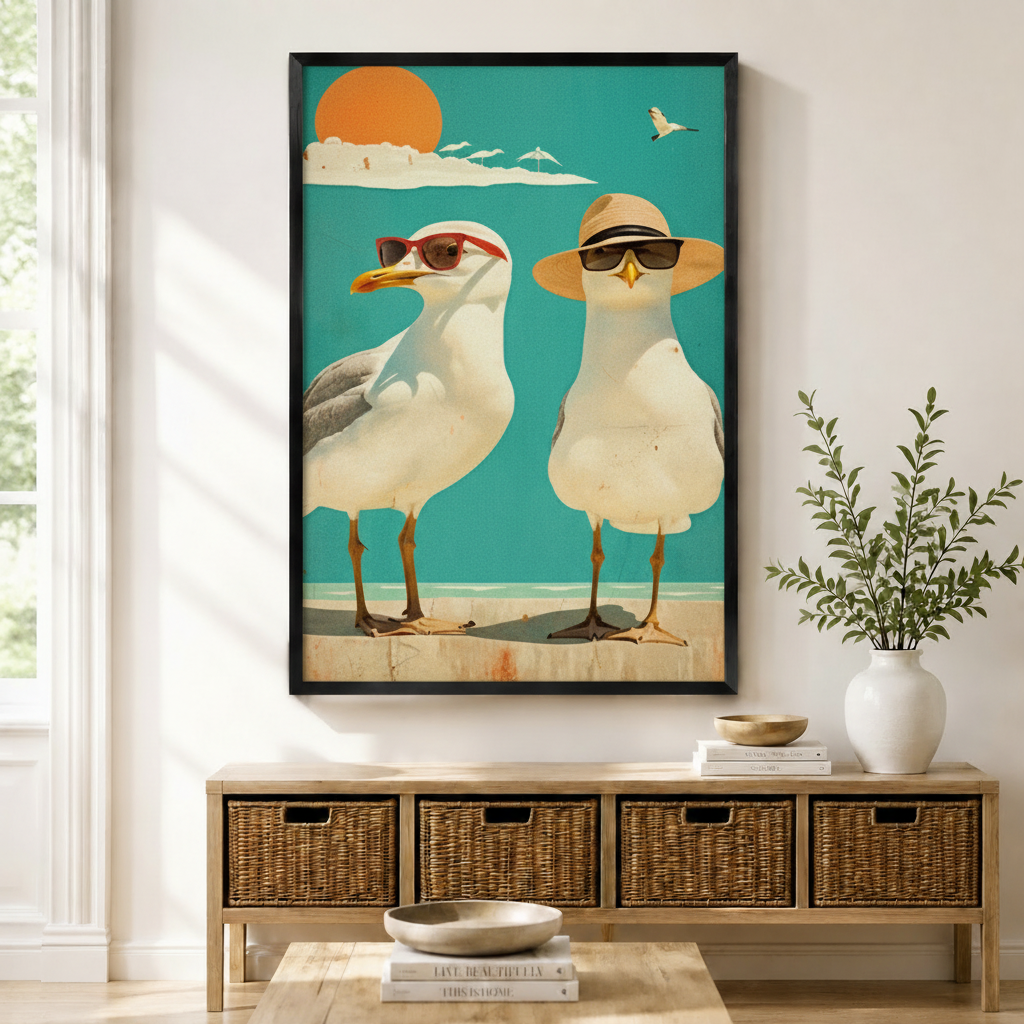 Retro beach seagulls in sunglasses framed canvas wall art displayed above wicker storage console in a bright coastal-style entryway with natural light