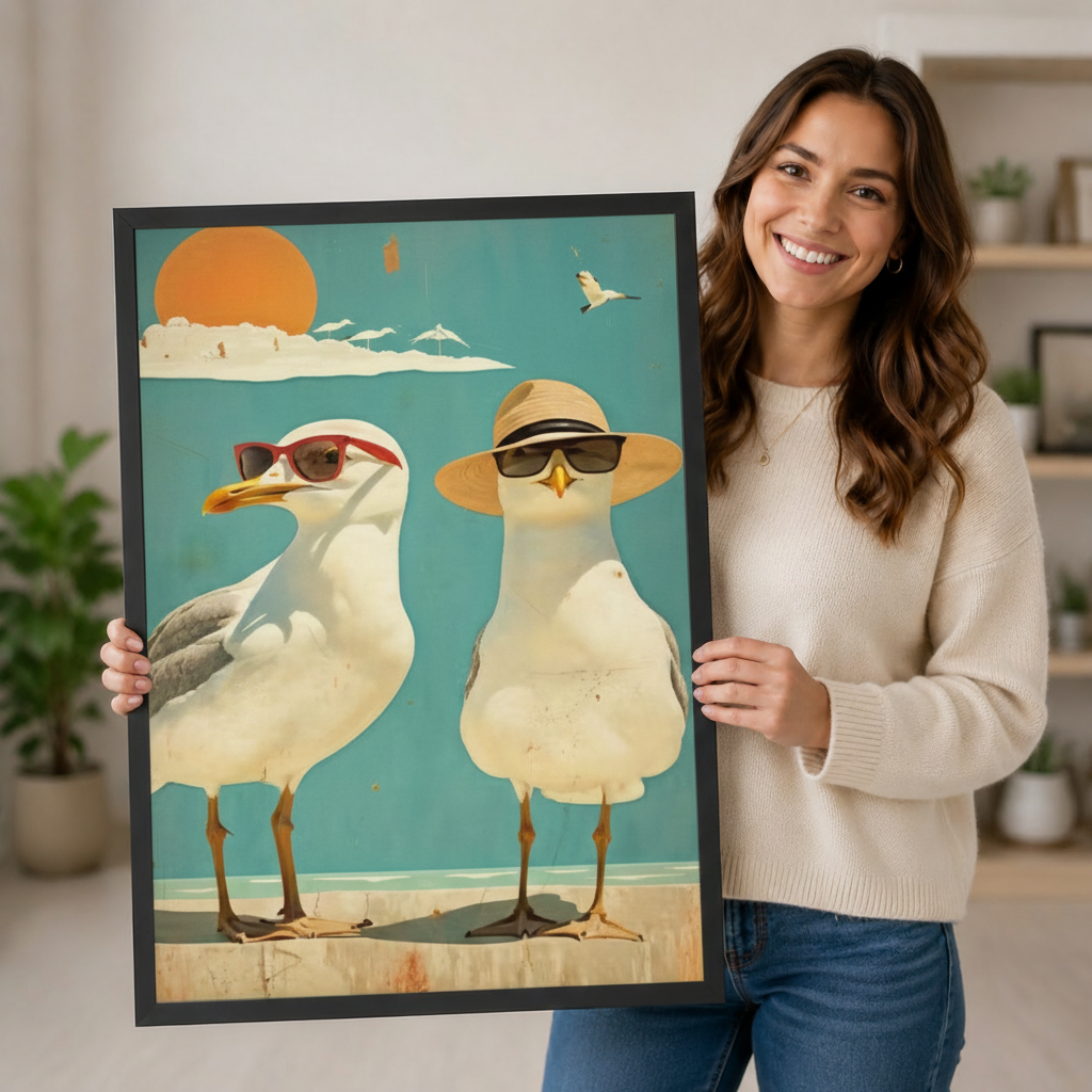 Smiling woman holding large framed retro seagulls canvas print showing two cool birds in red sunglasses and straw hat on teal beach background
