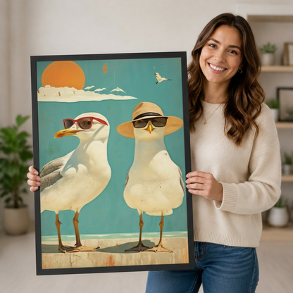 Smiling woman holding large framed retro seagulls canvas print showing two cool birds in red sunglasses and straw hat on teal beach background