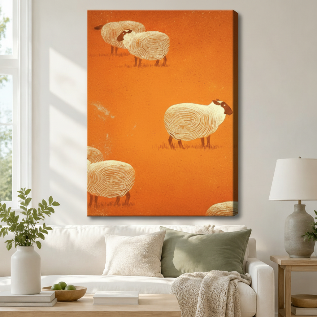 Stretched canvas wall art of a charming mid-century minimalist sheep print featuring four to five round black-faced white woolly sheep in a loose scattered arrangement with their fleece depicted in delicate concentric spiral brushwork and slender brown-red legs on a warm amber orange aged background, hung above a white sofa with sage green and cream pillows and a white ceramic table lamp in a bright airy living room