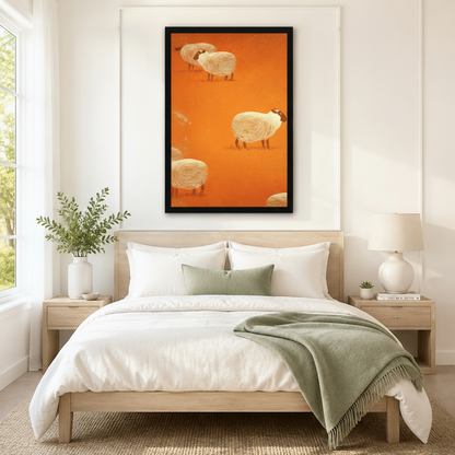 Black framed retro minimalist folk art sheep canvas art with four plump black-faced white woolly sheep in a relaxed scattered arrangement with their round fleece rendered in delicate concentric spiral brushwork and slender brown-red legs on a warm amber orange distressed background, hung above a light wood bed frame in a serene Scandinavian bedroom with crisp white linen bedding, a sage green throw blanket, white nightstands, a white ceramic table lamp, and a white vase of greenery