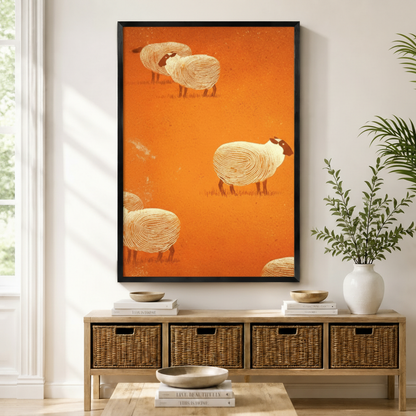 Black framed retro folk art sheep canvas art with four plump black-faced white woolly sheep scattered across a warm burnt orange distressed background with their fluffy fleece rendered in fine concentric spiral lines and slender brown-red legs in a minimalist composition, displayed on a light wall above a wooden rattan storage bench with wooden bowls, stacked books, and a white ceramic vase of greenery