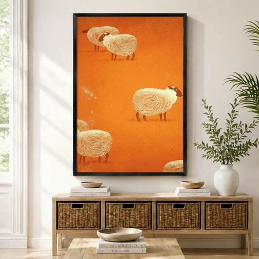 Black framed retro folk art sheep canvas art with four plump black-faced white woolly sheep scattered across a warm burnt orange distressed background with their fluffy fleece rendered in fine concentric spiral lines and slender brown-red legs in a minimalist composition, displayed on a light wall above a wooden rattan storage bench with wooden bowls, stacked books, and a white ceramic vase of greenery