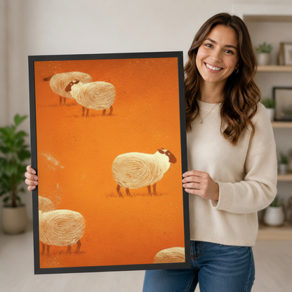 Smiling woman in a cream sweater holding a large vertical black framed retro folk art sheep canvas art print showing four to five round black-faced white woolly sheep scattered in a loose arrangement with their fleece in fine concentric spiral lines and slender brown-red legs on a warm burnt orange distressed background in a bright plant-filled room