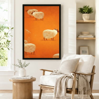 Black framed mid-century folk art sheep canvas art showing four plump black-faced white woolly sheep casually scattered across a warm burnt orange distressed background with their round fleece rendered in fine spiral line texture and slender brown-red legs in an airy open composition, displayed on a white wall beside a white wooden armchair with a cream fringed throw and a round wood side table with stacked books