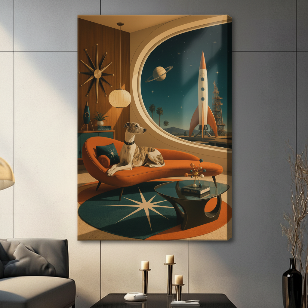 Gallery wrapped canvas of a greyhound reclining on an orange MCM chaise lounge in a retro space age interior with starburst clock, orrery, and rocket launch scene through a circular porthole, hung on a grey wall in a contemporary living room