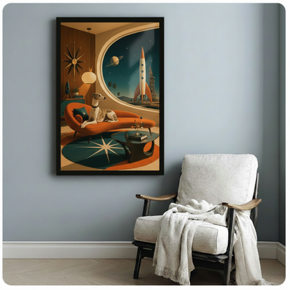 Black framed vintage space age greyhound wall art showing a sleek dog on a burnt-orange mid-century sofa with Saturn and retro rockets outside a round window, styled beside a white linen armchair on a soft blue-grey wall