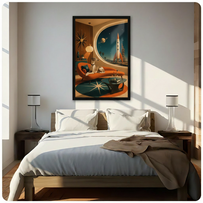 Framed retro space age greyhound canvas art print hung above a bed in a sunlit minimalist bedroom, featuring a greyhound lounging on a burnt-orange MCM chaise with vintage rockets and Saturn visible through a large circular porthole window