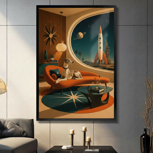 Black framed mid-century modern retro space age canvas art print featuring a greyhound lounging on a burnt-orange chaise lounge with starburst clock, Saturn, and vintage rocket visible through a porthole window, displayed in a modern living room above a console table with candle holders