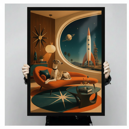 Person holding a large black framed mid-century modern art print depicting a greyhound on an orange chaise lounge in a 1960s space age living room with starburst clock, kidney coffee table, orrery, and retro rocket launch through a porthole window