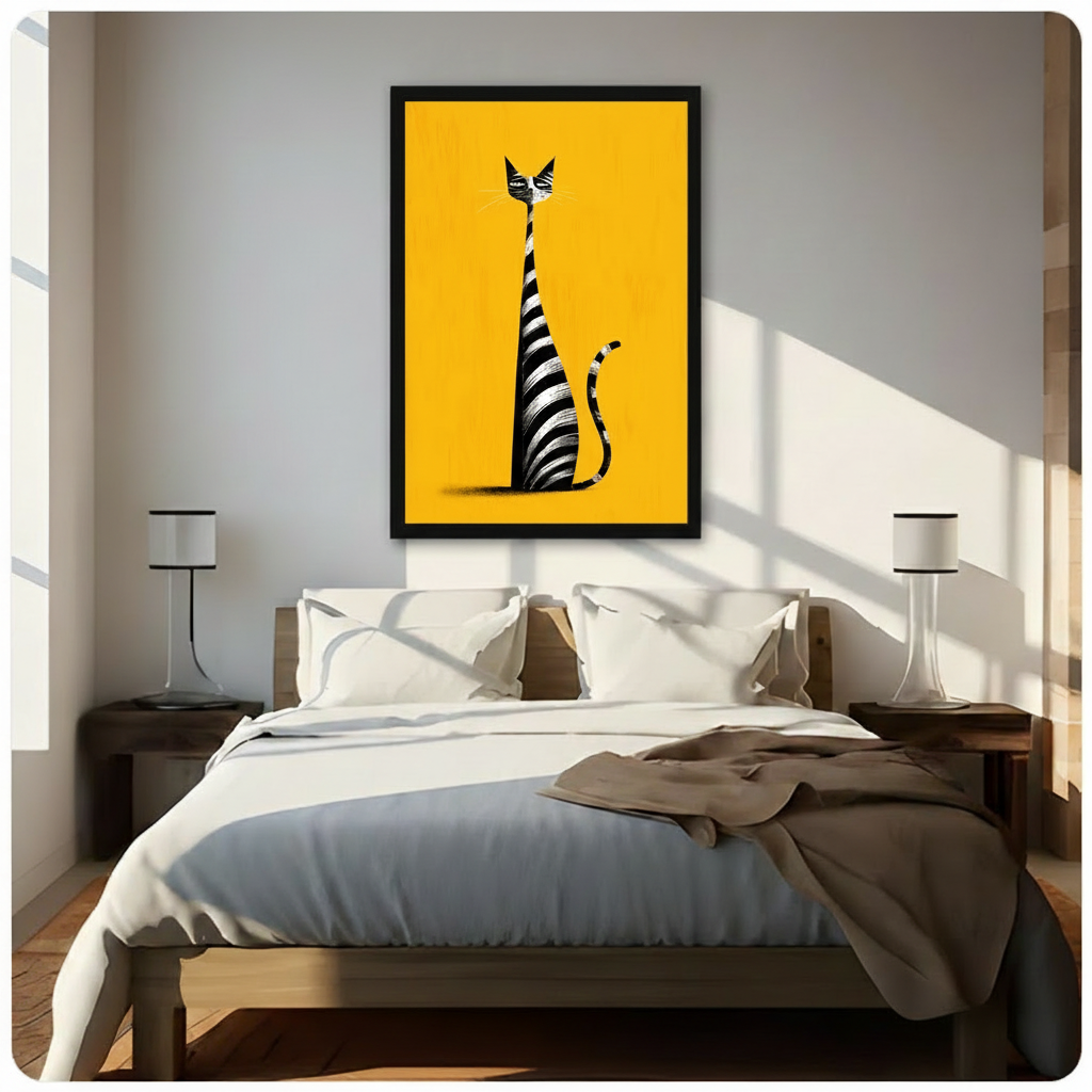 Framed mid-century modern canvas wall art of a minimalist black and white striped cat on a bold yellow background, above a bed with white linen bedding, a taupe throw blanket, dark wood nightstands, potted plants and sleek white table lamps