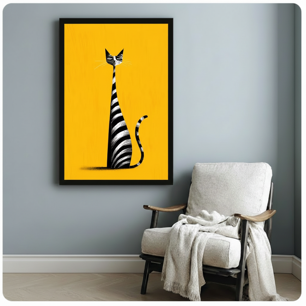 Black framed canvas print of a tall elegant striped cat in bold black and white on a bright yellow background, mid-century modern wall art hung on a blue-gray wall above a white linen armchair with a throw blanket