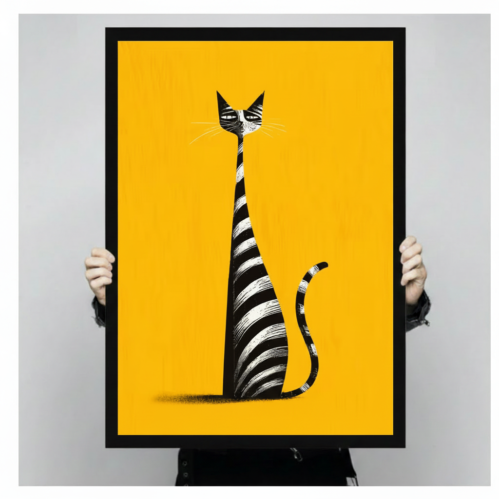 Hands holding a large black framed canvas art print of a stylized black and white striped cat with a long neck and curled tail on a vivid yellow background, retro pop art illustration style wall decor against a light gray backdrop