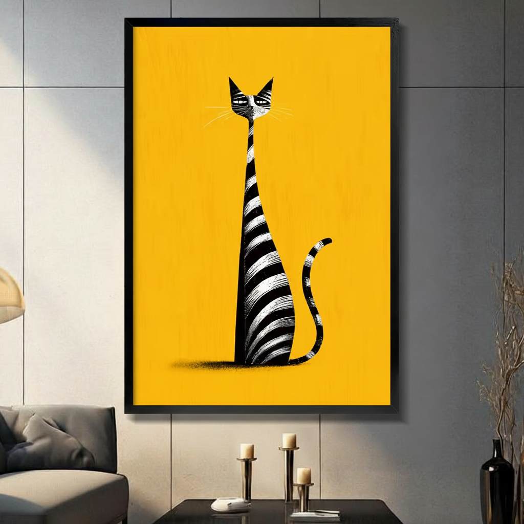 Mid-century modern black and white striped cat canvas wall art on a bold yellow background, black framed vertical print displayed above a dark gray sofa with candle holders against a gray paneled wall