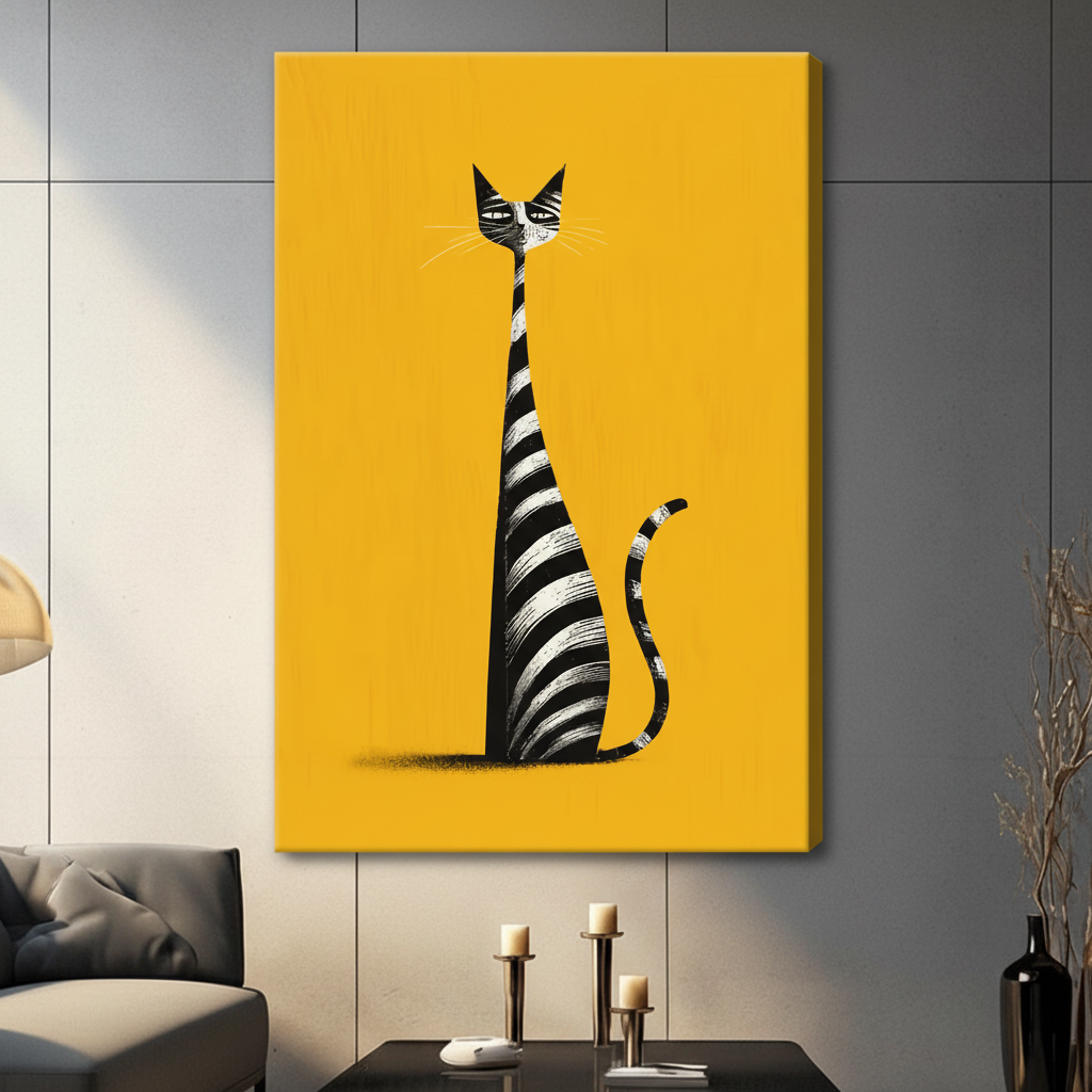 Gallery wrap stretched canvas of a sleek black and white striped cat in minimalist illustration style on a vibrant yellow background, pop art wall decor above a console table in a contemporary gray living room