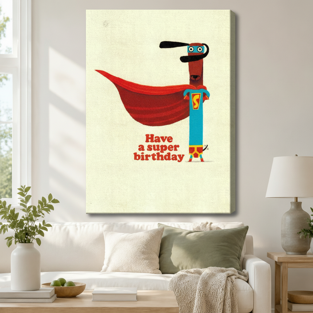 Stretched canvas retro funny superhero dachshund Have a Super Birthday wall art featuring a slim brown dachshund in a teal superhero costume with a flowing red cape and blue mask on a warm vintage cream background, hung above a white sofa with sage green pillows in a bright living room