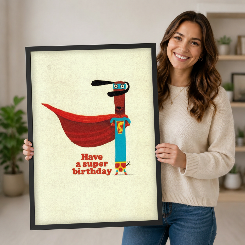 Smiling woman holding a large black framed retro funny superhero dachshund Have a Super Birthday canvas art print with a brown dachshund in a teal superhero costume with a bold red flowing cape and blue mask on a warm vintage cream background